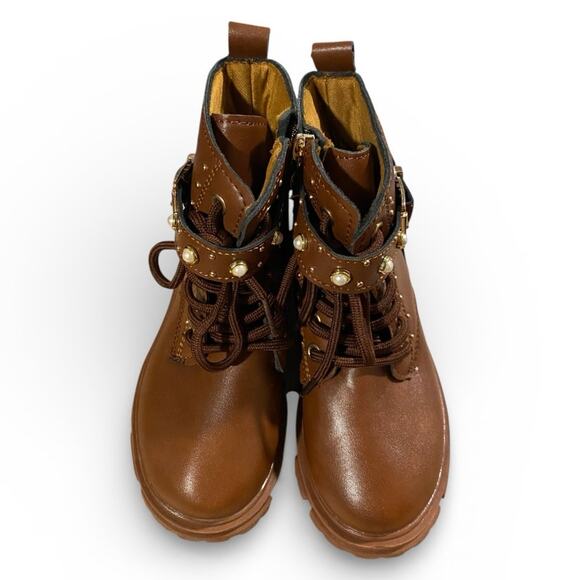 Inmuld Toddler Girls Combat Boots 12 Brown Lace Up Pearl Buckle Winter Snow - Picture 7 of 7